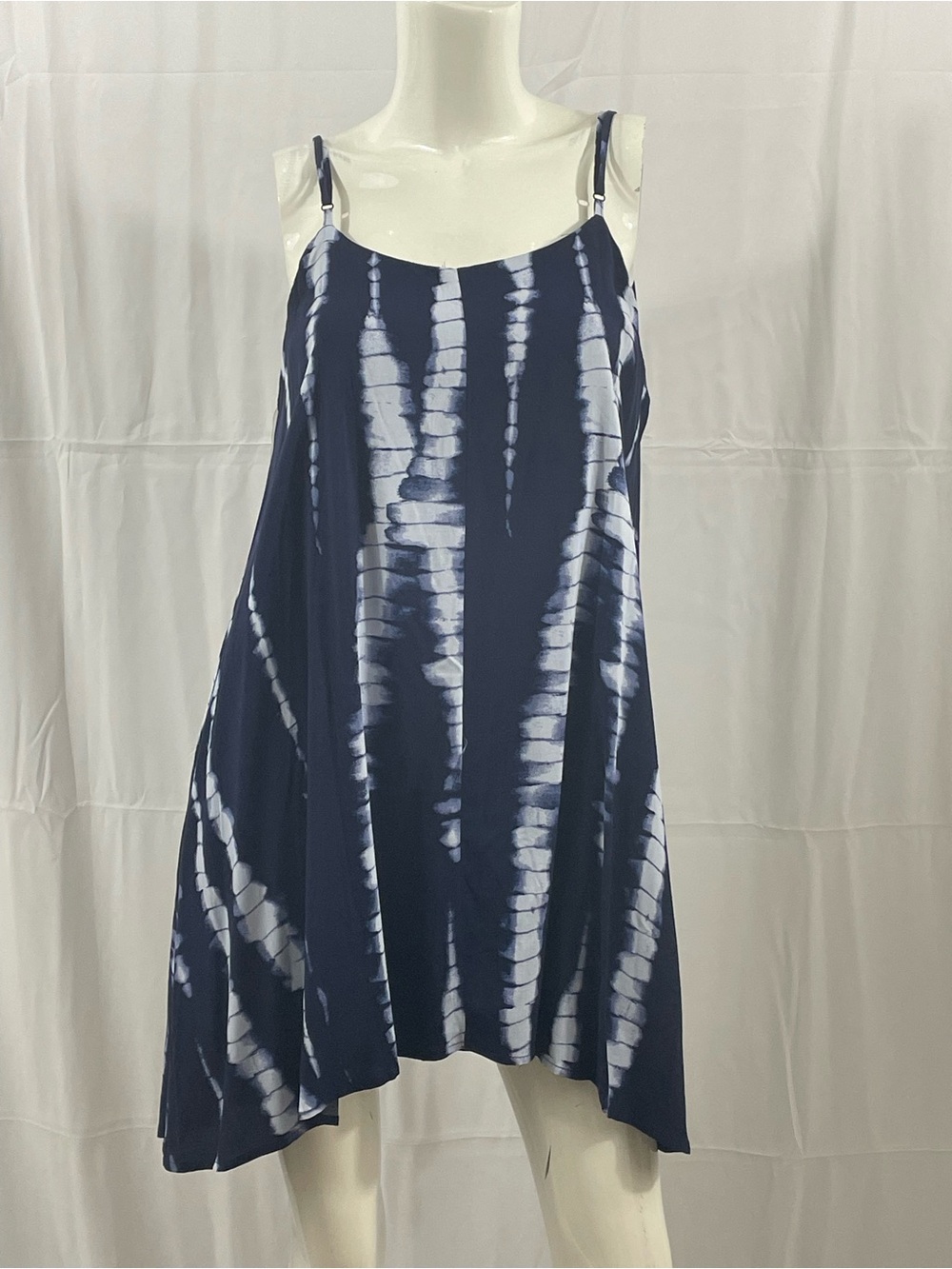 VENUS Navy and White Asymmetrical Tie-Dye Spaghetti Strap Dress